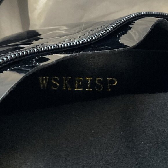 NEW WSKEISP HEELED OVER THE KNEE BOOTS PATENT LEATHER PU CHUNKY BLOCK HEEL (Flaw - Picture 11 of 16